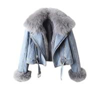 FYHTC Women Warm Fur Collar Rabbit Fur Liner Denim Jacket Casual Winter Removable Liner Cropped Top(Blue,Medium)