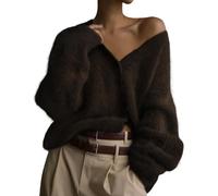 FYHTC Womens Fuzzy Mohair Cardigan Sweaters V Neck Button Down Long Sleeve Fluffy Knit Open Front Slouchy Furry Sweater
