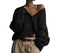 FYHTC Womens Fuzzy Mohair Cardigan Sweaters V Neck Button Down Long Sleeve Fluffy Knit Open Front Slouchy Furry Sweater