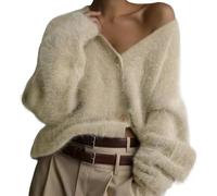 FYHTC Womens Fuzzy Mohair Cardigan Sweaters V Neck Button Down Long Sleeve Fluffy Knit Open Front Slouchy Furry Sweater