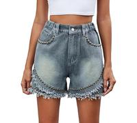 FYHTC Women's Mid Rise Denim Shorts Rivet Studded Ripped Frayed Raw Hem Hot Short Jeans(Large) Blue