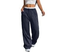FYHTC Women's Straight Leg Striped Pants High Waist Business Work Casual Pinstripe Long Palazzo Trousers with Pockets(Indigo,Large)