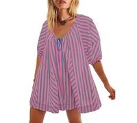 FYHTC Womens Striped Romper Puff Sleeve Mini Shorts Romper Dress Beach Vacation Outfits with Pockets(Pastel green,Medium)
