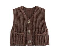 FYHTC Y2K Women's Sweater Sleeveless V-Neck Gold Colored Button Placket Crochet Vest Top Vest Knitwear Cardigan Streetwear(Brown,Medium)