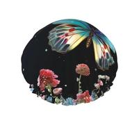 Fying Butterfly Print Shower Cap For Women Double Layer Waterproof Bath Cap Elastic Reusable Shower Hat Hair Protection Bath Hat For Spa Salon Bathing Ladies
