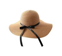 FYJDI Women's Summer Sun Straw Hat, Beach Cap Visor Hats Big Wide Brim UV Protection UPF50+, Roll Up Packable Floppy Foldable Fedora Bowknot Ribbon for Girl Women Spring Autumn Outdoor Travel, Khaki