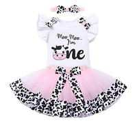 FYMNS Baby Girl's Cow Theme 1st First Birthday Cake Smash Outfit One Year Old Party Flutter Short Sleeve Romper Bodysuit Princess Tutu Tulle Skirt Bowknot Headband 3pcs Set White - I'm One