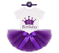 FYMNSI 1/2 Birthday Outfit Girl Baby Half Way To One 6 Months Party Cake Smash Photo Shooting Cotton Romper Bodysuit Vest Bowknot Tutu Tulle Skirt Crown Headband Set Purple 9-12 Months