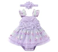 FYMNSI 1st Birthday Outfit Girls, Baby Flower Embroidery Tutu Tulle Princess Party Romper Dress First One Year Old Cake Smash Outfit Wedding Guest Newborn Photo Shoot Infant Baptism Violet 9-12 Months