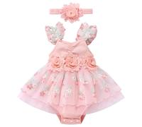 FYMNSI 1st Birthday Outfit Girls, Baby Flower Embroidery Tutu Tulle Princess Party Romper Dress First One Year Old Cake Smash Outfit Wedding Guest Newborn Photo Shoot Infant Baptism Pink 3-6 Months