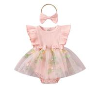 FYMNSI 1st Birthday Outfit Girls Baby Flower Girl Dress Toddler Cake Smash Outfit First One Year Old Birthday Party Dresses Baby Girls' Dresses Floral Embroidery Fairy Tulle Romper Dress Pink 0-3M