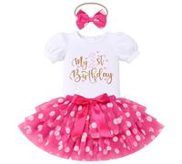 FYMNSI 1st First Birthday Outfit Girls Baby I'm One Year Old Party Cake Smash Set Short Sleeve Romper Princess Tutu Skirt Bowknot Headband Infant Summer Polka Dots Dress Hot Pink 9-12 Months