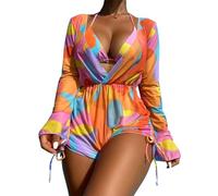 FYMNSI 3 Piece Bikini Sets for Women UK High Waisted Tummy Control Bottoms with Cover Ups Bathing Suits Push Up Print Women's Swimming Costume Ladies Halter Triangle Tankini Swimwear Orange M