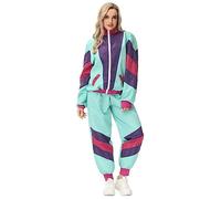 FYMNSI 80s 90s Shell Suit Costumes For Women Men Adult 1980s Tracksuit Hip Hop Color Block Long Sleeve Jacket Jogging Pant Headband Set Fancy Dress Halloween Rave Dance Party Club Female Green XL