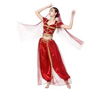 FYMNSI Adult Jasmine Princess Costume for Women Aladdin Arabian Nights Fancy Dress Up Lady Belly Dancer Outfit India Sequined Crop Top Slit Pants Veil Set Halloween Carnival Christmas Cosplay Red M