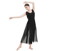 FYMNSI Adult Women Lyrical Dance Costume Modern Contemporary Dancewear Leotard V-Neck Backless Split Mesh Tulle Long Skirt Flowy Overlay Dress Stage Performance Clothing Black XL