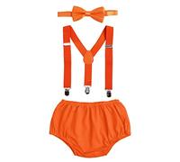 FYMNSI Baby Boy 1st 2nd Birthday Cake Smash Outfit Bow Tie Y-Back Suspenders Bloomer Diaper Cover Shorts Pants 3pcs Clothes Set Photography Costume Orange