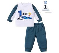 FYMNSI Baby Boy 1st Birthday Outfit Cake Smash Racing Car Themed First One Year Old Party Photo Shoot Toddler Racer Suit Long Sleeve Pullover Trousers Hat Fall Winter Casual Clothes Dark Blue 9-12M