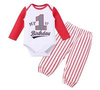 FYMNSI Baby Boy Baseball Long Sleeve Romper Striped Pants Trousers Set Rookie of The Year 1st First Birthday Outfit One Year Old Party Cake Smash Photo Shooting Props Fall Winter Red 12-18 Months