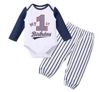 FYMNSI Baby Boy Baseball Long Sleeve Romper Striped Pants Trousers Set Rookie of The Year 1st First Birthday Outfit One Year Old Party Cake Smash Photo Shooting Props Fall Winter Navy Blue 9-12 Months