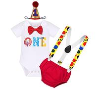 FYMNSI Baby Boy Circus Theme 1st First Birthday Cake Smash Outfit One Year Old Party Photo Props Costume Bow Tie Cotton Short Sleeve Romper Y-back Suspenders Diaper Cover Shorts Hat 4pcs Red 1 Year