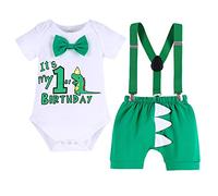 FYMNSI Baby Boy Dinosaur 1st First Birthday Party Cake Smash Outfit Cotton Short Sleeve Romper Bodysuit Y-Back Suspenders Boxer Shorts Pants 3pcs Clothes Set Photo Props Summer Clothes Green 12-18M