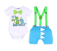 FYMNSI Baby Boy Dinosaur 1st First Birthday Party Cake Smash Outfit Cotton Short Sleeve Romper Bodysuit Y-Back Suspenders Boxer Shorts Pants 3pcs Clothes Set Photo Props Summer Clothes Blue 12-18M