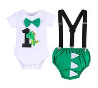 FYMNSI Baby Boy Dinosaur 1st First Birthday Party Cake Smash Outfit Cotton Short Sleeve Romper Bodysuit Y-Back Suspenders Bloomers Shorts Pants 3pcs Clothes Set Photo Props Green Dinosaur 6-12 Months