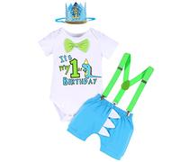 FYMNSI Baby Boy Dinosaur Themed First Birthday Cake Smash Outfit Toddler Kids One Years Old Party Bow Tie Cotton Short Sleeve Romper Shorts Pants Y-back Suspenders Mini Crown Hat 4pcs Set Blue 12-18M