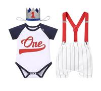 FYMNSI Baby Boy First Birthday Cake Smash Outfit Infant Baseball Themed One Years Old Party Photo Shoot Cotton Short Sleeve Romper Shorts Y-back Suspenders Crown Hat 4pcs Set Navy Blue 9-12M
