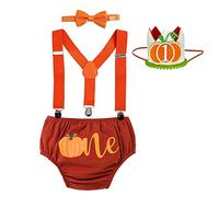 FYMNSI Baby Boy My First Halloween Photo Shooting Outfit 1st Birthday Cake Smash Set Pumpkin Printed Diaper Cover Shorts Pants Y-back Suspenders Bow Tie Crown Headband 4pcs Clothes Set Orange