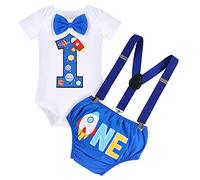 FYMNSI Baby Boy Rocket 1st First Birthday Cake Smash Outfit One Year Old Space Theme Party Cotton Short Sleeve Romper Y-back Suspenders Diaper Cover Shorts 3pcs Photo Props Royal Blue 6-12 Months
