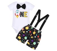 FYMNSI Baby Boy Rocket 1st First Birthday Cake Smash Outfit One Year Old Space Theme Party Cotton Short Sleeve Romper Y-back Suspenders Boxer Shorts 3pcs Photo Props Black 12-18 Months
