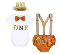 FYMNSI Baby Boy Wild One First 1st Birthday Cake Smash Outfit Cotton Short Sleeve Romper Bodysuit Diaper Cover Shorts Pants Bloomers Y-back Suspenders Crown Headband Set Brown 12-18 Months