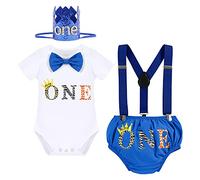FYMNSI Baby Boy Wild One First 1st Birthday Cake Smash Outfit Cotton Short Sleeve Romper Bodysuit Diaper Cover Shorts Pants Bloomers Y-back Suspenders Crown Headband 4pcs Set Royal Blue 6-12 Months