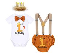 FYMNSI Baby Boy Wild One Theme First 1st Birthday Cake Smash Outfit Lion Costume Cotton Short Sleeve Romper Diaper Cover Shorts Bloomers Y-back Suspenders Crown Headband Set Brown - Lion 12-18 Months