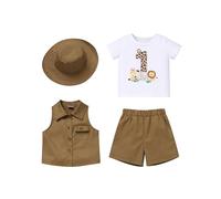 FYMNSI Baby Boys Jungle Safari Wild One 1st Birthday Party Cake Smash Outfit Toddlers Zookeeper Suit Kids Froest Adventure Explorer Clothes Short Sleeve T-shirt Top Shorts with Hat Brown 9-12 Months