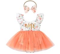 FYMNSI Baby Girl 1st First Birthday Outfit One Year Old Party Cake Smash Photo Shoot Floral Print Tulle Tutu Princess Dress One-piece Romper Bodysuit with Bowknot Headband Summer Clothes Orange 9-12M
