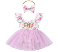 FYMNSI Baby Girl 1st First Birthday Outfit One Year Old Party Cake Smash Photo Shoot Floral Print Tulle Tutu Princess Dress One-piece Romper Bodysuit with Bowknot Headband Summer Clothes Purple 9-12M