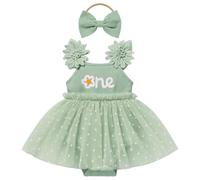 FYMNSI Baby Girl 1st First Birthday Outfit Toddler One Year Old Party Cake Smash Flower Embroidery Polka Dots Tulle Tutu Princess Romper Dress Bowknot Headband Baptism Pageant Wedding Green 12-18M