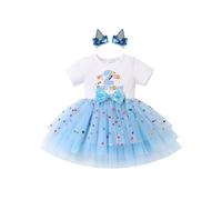 FYMNSI Baby Girl 2nd Second Birthday Cake Smash Outfit Blue Confetti Polka Dots Two Years Old Party Short Sleeve Tulle Tutu Princess Dress with Hair Clips Photo Shooting Summer Clothes Blue 2nd 2Y