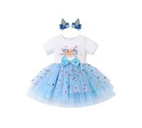 FYMNSI Baby Girl 2nd Second Birthday Cake Smash Outfit Blue Confetti Polka Dots Two Years Old Party Short Sleeve Tulle Tutu Princess Dress with Hair Clips Photo Shooting Summer Clothes Blue Two 2Y