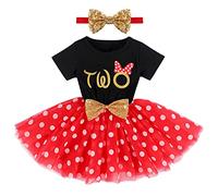 FYMNSI Baby Girl 2nd Second Birthday Cake Smash Outfit Minnie Mouse Costume Two Years Old Party Cotton Short Sleeve Polka Dots Tutu Tulle Skirt Sequin Bowknot Headband Set Photo Props Black + Red Two