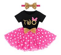 FYMNSI Baby Girl 2nd Second Birthday Cake Smash Outfit Minnie Mouse Costume Two Years Old Party Cotton Short Sleeve Polka Dots Tutu Tulle Skirt Sequin Bowknot Headband Set Black + Hot Pink - Two