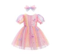 FYMNSI Baby Girl Dress Infant Toddler Kids Butterfly Short Sleeve Back V-Neck Bowknot Rainbow Tulle Tutu Princess Dresses for Birthday Party Wedding Easter Pageant Holiday Baptism Pink 5-6 Years