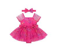 FYMNSI Baby Girl Dress, Newborn Infant Toddlers Puff Short Sleeve Sparkle Star Ruffle Tulle Tutu Princess Romper Dress with Bowknot Headband First Birthday Party Easter Baptism Outfit Hot Pink 0-3M