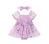 FYMNSI Baby Girl Dress, Newborn Infant Toddlers Puff Short Sleeve Sparkle Star Ruffle Tulle Tutu Princess Romper Dress with Bowknot Headband First Birthday Party Easter Baptism Outfit Purple 3-6M