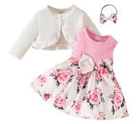 FYMNSI Baby Girl Fall Casual Clothes Set Toddler Kids Floral Printed Sleeveless Bowknot Dress with Bolero Shrug Headband First Birthday Cake Smash Outfits Party Wedding Pageant Holiday Pink 18-24M