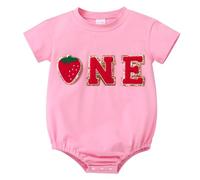 FYMNSI Baby Girl First Birthday Cake Smash Outfit Infant Toddlers Strawberry Short Sleeve Romper One Year Old Photoshoot Crew Neck Bodysuit One-piece Jumpsuit Playsuit Summer Casual Pink 9-12M