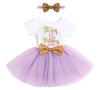 FYMNSI Baby Girl First Birthday Party Dress It's My 1st Birthday Shiny Letter Print Cotton Short Sleeve Sequin Bowknot Tutu Tulle A-line Skirt with Headband 2pcs Summer Clothes Set Light Purple